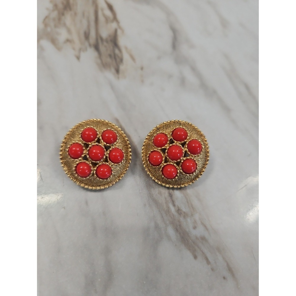 Gold Tone Burnt Orange Bead Clip On Earrings Vintage Textured